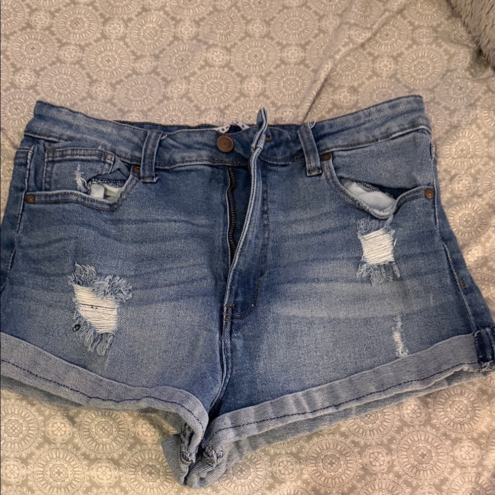Celebrity Pink Light Blue Distressed Denim Shorts